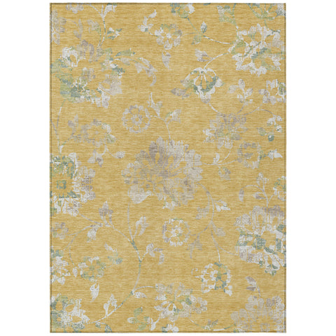 5' X 8' Gold Beige And Fern Green Floral Washable Indoor Outdoor Area Rug