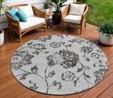 8' Gray Charcoal And Silver Round Floral Washable Indoor Outdoor Area Rug
