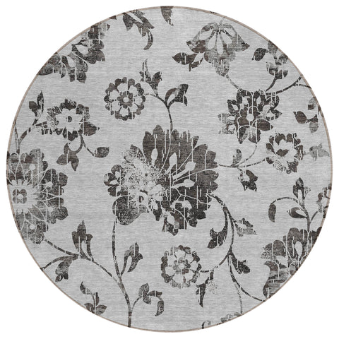 8' Gray Charcoal And Silver Round Floral Washable Indoor Outdoor Area Rug