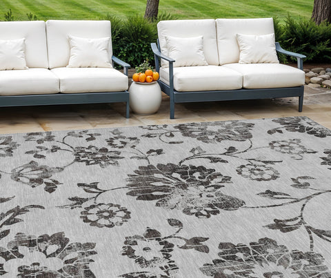 8' X 10' Gray Charcoal And Silver Floral Washable Indoor Outdoor Area Rug