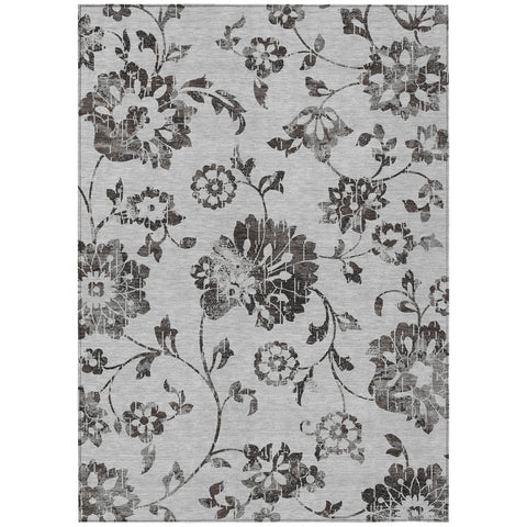 8' X 10' Gray Charcoal And Silver Floral Washable Indoor Outdoor Area Rug