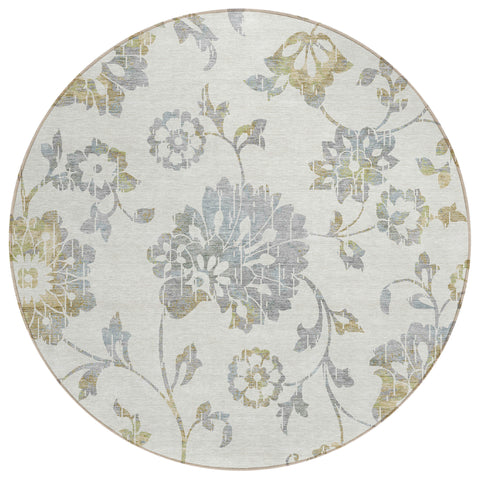 8' Ivory Gray And Gold Round Floral Washable Indoor Outdoor Area Rug