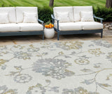 8' X 10' Ivory Gray And Gold Floral Washable Indoor Outdoor Area Rug