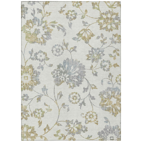 8' X 10' Ivory Gray And Gold Floral Washable Indoor Outdoor Area Rug