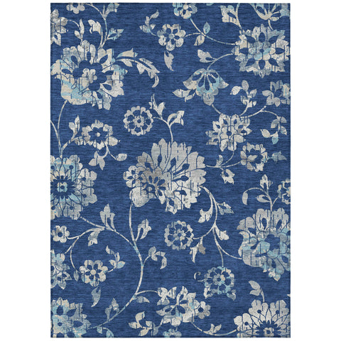 3' X 5' Navy Blue And Gray Floral Washable Indoor Outdoor Area Rug