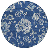 8' Navy Blue And Gray Round Floral Washable Indoor Outdoor Area Rug