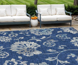 8' X 10' Navy Blue And Gray Floral Washable Indoor Outdoor Area Rug