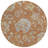 8' Orange Copper And Gray Round Floral Washable Indoor Outdoor Area Rug