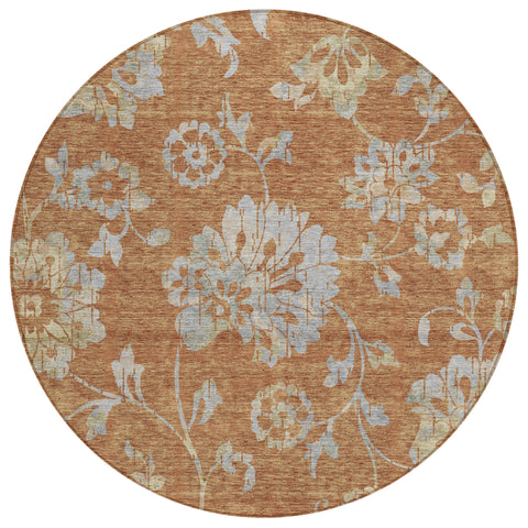 8' Orange Copper And Gray Round Floral Washable Indoor Outdoor Area Rug