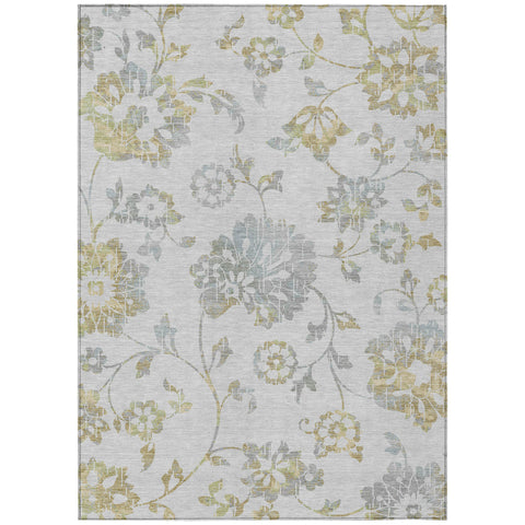 3' X 5' Silver Gray And Gold Floral Washable Indoor Outdoor Area Rug