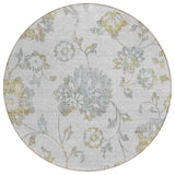 8' Silver Gray And Gold Round Floral Washable Indoor Outdoor Area Rug