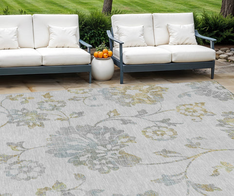 8' X 10' Silver Gray And Gold Floral Washable Indoor Outdoor Area Rug