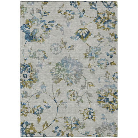 3' X 5' Taupe Navy Blue And Denim Blue Floral Washable Indoor Outdoor Area Rug