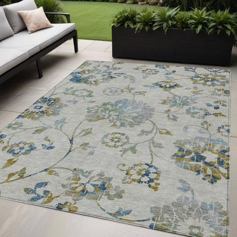 5' X 8' Taupe Navy Blue And Denim Blue Floral Washable Indoor Outdoor Area Rug