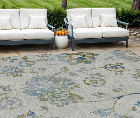 8' X 10' Taupe Navy Blue And Denim Blue Floral Washable Indoor Outdoor Area Rug
