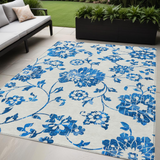 5' X 8' White And Denim Blue Floral Washable Indoor Outdoor Area Rug