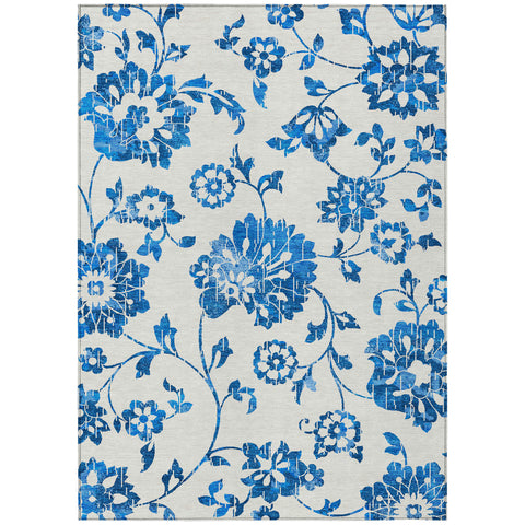5' X 8' White And Denim Blue Floral Washable Indoor Outdoor Area Rug