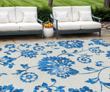 8' X 10' White And Denim Blue Floral Washable Indoor Outdoor Area Rug