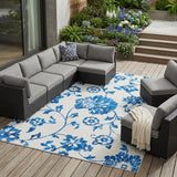 8' X 10' White And Denim Blue Floral Washable Indoor Outdoor Area Rug