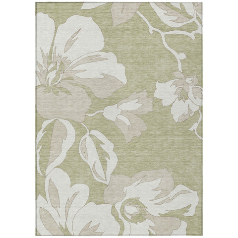 5' X 8' Artichoke Green Ivory And Taupe Floral Washable Indoor Outdoor Area Rug