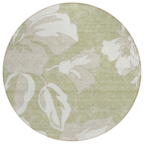 8' Artichoke Green Ivory And Taupe Round Floral Washable Indoor Outdoor Area Rug