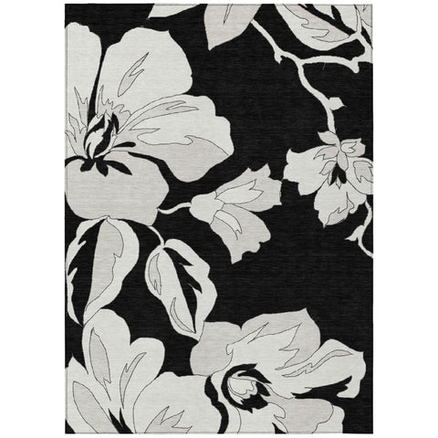 3' X 5' Black Gray And Silver Floral Washable Indoor Outdoor Area Rug