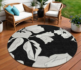 8' Black Gray And Silver Round Floral Washable Indoor Outdoor Area Rug