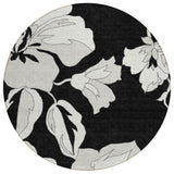 8' Black Gray And Silver Round Floral Washable Indoor Outdoor Area Rug