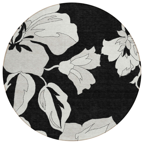 8' Black Gray And Silver Round Floral Washable Indoor Outdoor Area Rug