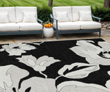 8' X 10' Black Gray And Silver Floral Washable Indoor Outdoor Area Rug