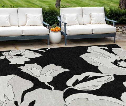 8' X 10' Black Gray And Silver Floral Washable Indoor Outdoor Area Rug