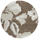 8' Brown Beige And Taupe Round Floral Washable Indoor Outdoor Area Rug