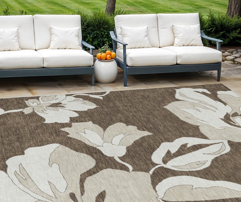 8' X 10' Brown Beige And Taupe Floral Washable Indoor Outdoor Area Rug
