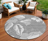 8' Gray And Silver Round Floral Washable Indoor Outdoor Area Rug