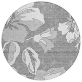 8' Gray And Silver Round Floral Washable Indoor Outdoor Area Rug