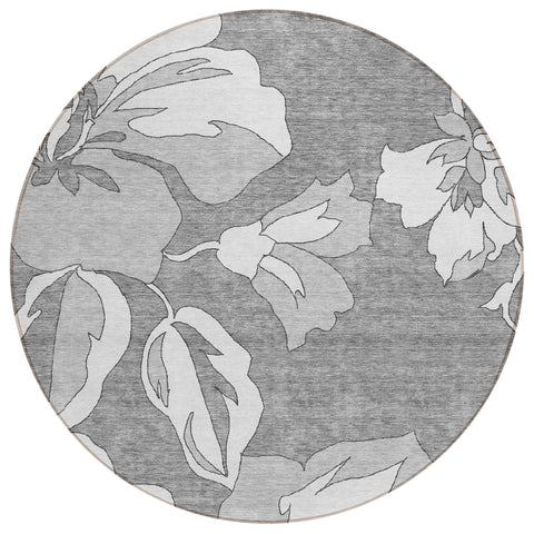 8' Gray And Silver Round Floral Washable Indoor Outdoor Area Rug
