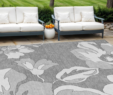 8' X 10' Gray And Silver Floral Washable Indoor Outdoor Area Rug