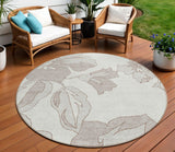 8' Ivory Beige And Taupe Round Floral Washable Indoor Outdoor Area Rug
