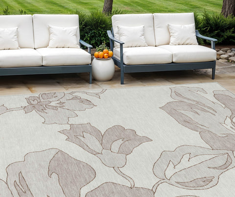 8' X 10' Ivory Beige And Taupe Floral Washable Indoor Outdoor Area Rug