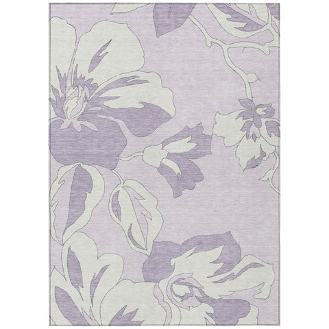 8' X 10' Lavender Lilac And Ivory Floral Washable Indoor Outdoor Area Rug