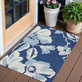 3' X 5' Navy Blue Denim Blue And Ivory Floral Washable Indoor Outdoor Area Rug