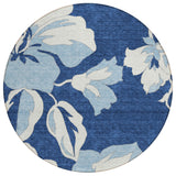8' Navy Blue Denim Blue And Ivory Round Floral Washable Indoor Outdoor Area Rug