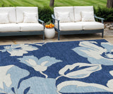 8' X 10' Navy Blue Denim Blue And Ivory Floral Washable Indoor Outdoor Area Rug