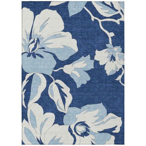 8' X 10' Navy Blue Denim Blue And Ivory Floral Washable Indoor Outdoor Area Rug