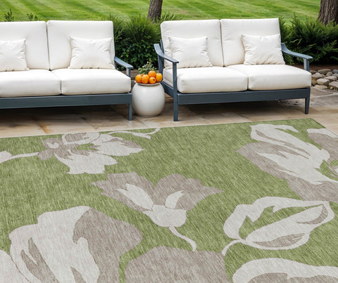 8' X 10' Olive Green Taupe And Beige Floral Washable Indoor Outdoor Area Rug