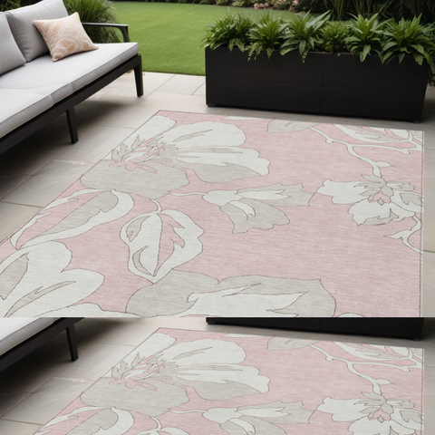 5' X 8' Pink Ivory And Beige Floral Washable Indoor Outdoor Area Rug