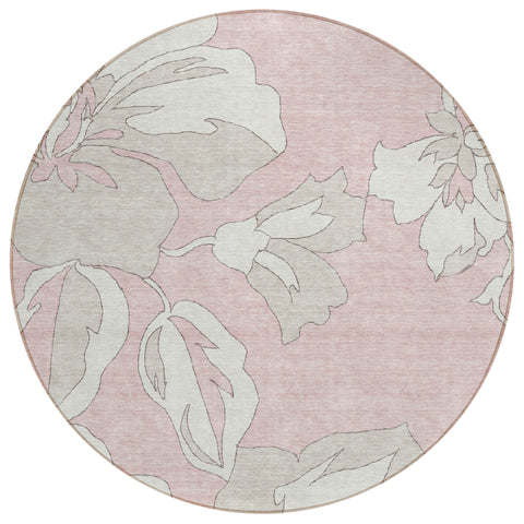 8' Pink Ivory And Beige Round Floral Washable Indoor Outdoor Area Rug