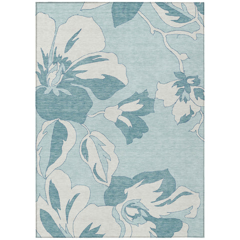 5' X 8' Teal Blue Aqua And Ivory Floral Washable Indoor Outdoor Area Rug