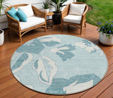 8' Teal Blue Aqua And Ivory Round Floral Washable Indoor Outdoor Area Rug