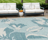 8' X 10' Teal Blue Aqua And Ivory Floral Washable Indoor Outdoor Area Rug